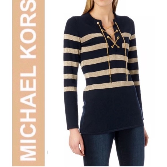 MICHAEL KORS Sz S Chain Lace-up Metallic Gold Striped Navy Sweater Top L/S Prepy - Picture 11 of 11